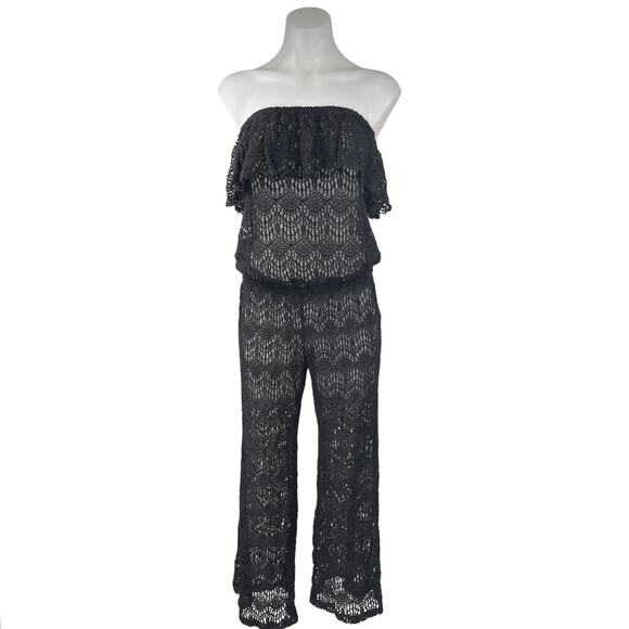Eberjey Black Crochet Strapless Ruffle Sheer Romper Jumpsuit Beach Cover up S/M - Picture 1 of 8